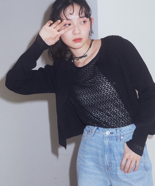 earth music&ecology（アースミュージックアンドエコロジー）の「ミニケーブルコンパクトカーディガン（カーディガン/ボレロ・レディース・イエロー/ライトグレー/ライトピンク/アイボリー/ブラック・FREE）」の3枚目の写真