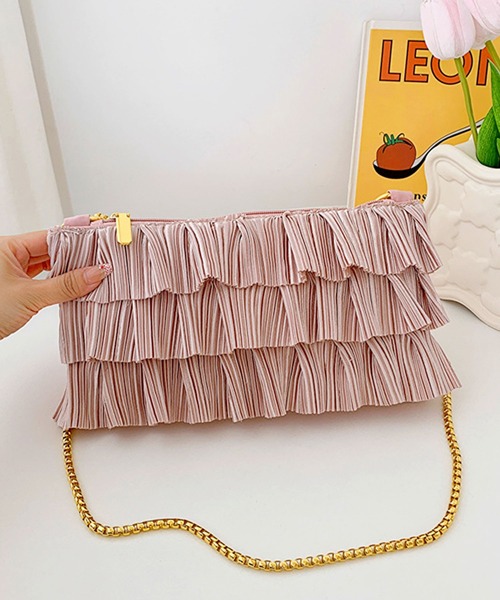 florist（フローリスト）の「2WAY ティアードプリーツチェーンショルダーバッグ/クラッチバッグ/パーティーバッグ（クラッチバッグ・レディース・ブラック/ホワイト/ピンク/ベージュ・FREE）」の5枚目の写真