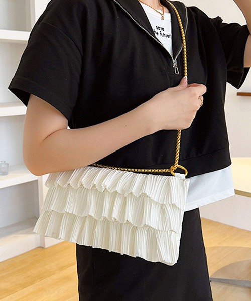 florist（フローリスト）の「2WAY ティアードプリーツチェーンショルダーバッグ/クラッチバッグ/パーティーバッグ（クラッチバッグ・レディース・ブラック/ホワイト/ピンク/ベージュ・FREE）」の8枚目の写真