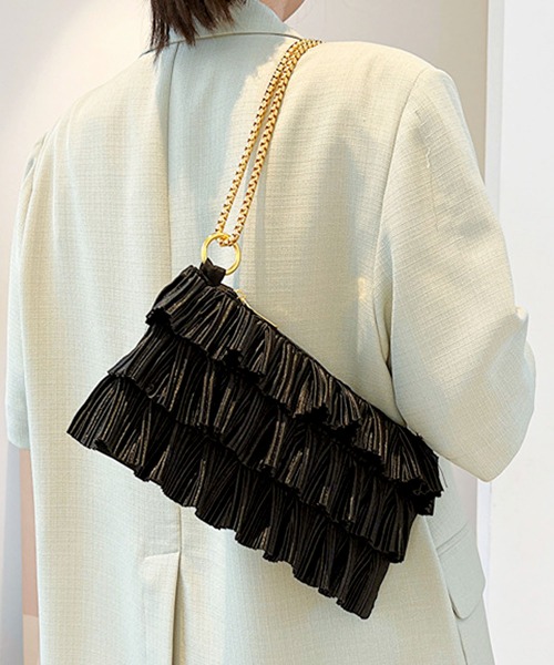 florist（フローリスト）の「2WAY ティアードプリーツチェーンショルダーバッグ/クラッチバッグ/パーティーバッグ（クラッチバッグ・レディース・ブラック/ホワイト/ピンク/ベージュ・FREE）」の10枚目の写真