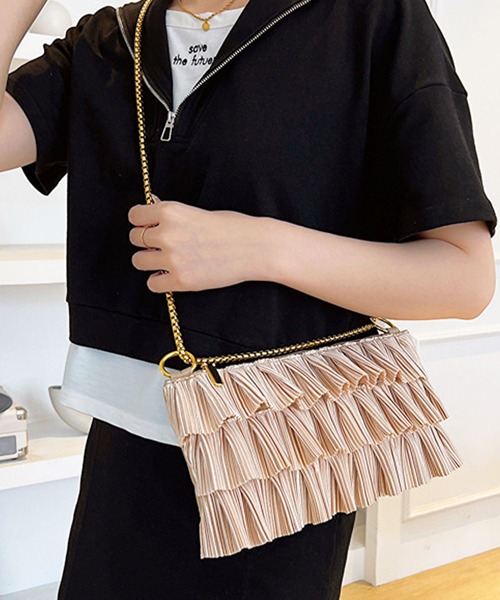 florist（フローリスト）の「2WAY ティアードプリーツチェーンショルダーバッグ/クラッチバッグ/パーティーバッグ（クラッチバッグ・レディース・ブラック/ホワイト/ピンク/ベージュ・FREE）」の12枚目の写真