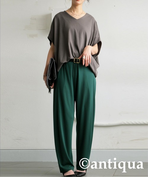 antiqua（アンティカ）の「コーデ2点セット シュッと美トップス　パンツ（Tシャツ/カットソー・レディース・グレー/アイボリー/ブラック/ライム・M/L/MT/LT）」の4枚目の写真