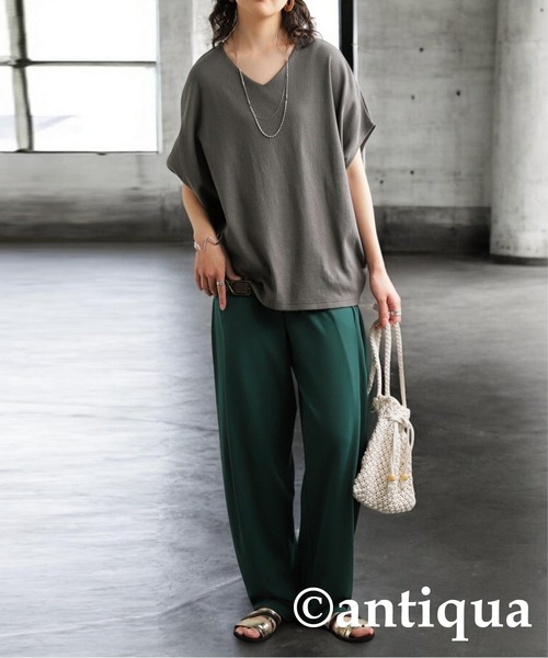 antiqua（アンティカ）の「コーデ2点セット シュッと美トップス　パンツ（Tシャツ/カットソー・レディース・グレー/アイボリー/ブラック/ライム・M/L/MT/LT）」の14枚目の写真