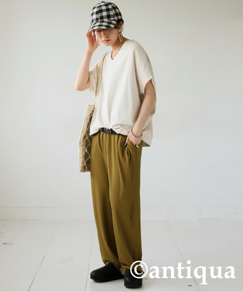 antiqua（アンティカ）の「コーデ2点セット シュッと美トップス　パンツ（Tシャツ/カットソー・レディース・グレー/アイボリー/ブラック/ライム・M/L/MT/LT）」の6枚目の写真