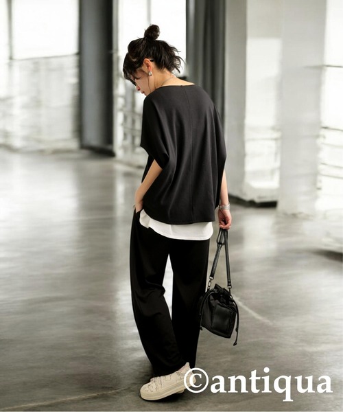 antiqua（アンティカ）の「コーデ2点セット シュッと美トップス　パンツ（Tシャツ/カットソー・レディース・グレー/アイボリー/ブラック/ライム・M/L/MT/LT）」の8枚目の写真