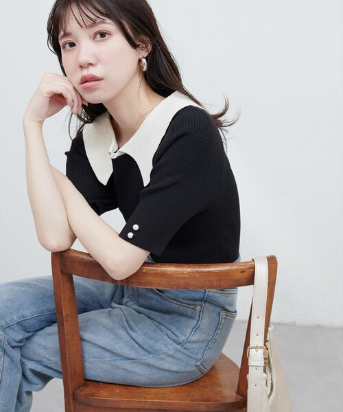 natural couture（ナチュラルクチュール）の「【WEB限定】衿付きシンプルリブニットプルーバー（ニット/セーター・レディース・オフホワイト/サックスブルー/ブラック/ピンク・FREE）」の4枚目の写真