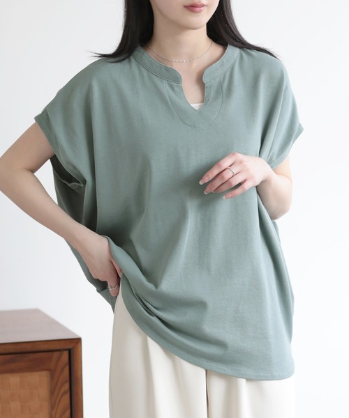 tシャツ Tシャツの概念が変わる！超きれい新カットソーキーネックトップス レディース 楽天市場】裾変形デザインTシャツ レディース 長袖 キーネック