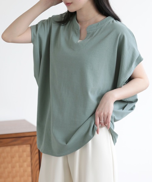 SUNFLOWER EIGHT(サンフラワーエイト)の「キーネックトップス(Tシャツ/カットソー・レディース・アイボリー/スモーキーグリーン系/ブラック・M)」の12枚目の写真