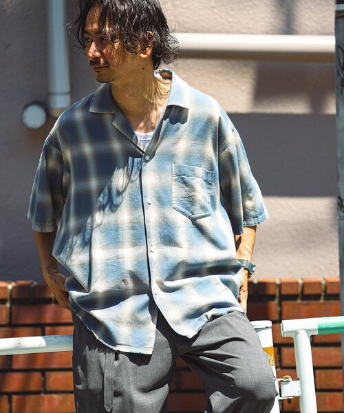 JOURNAL STANDARD relume（ジャーナルスタンダード　レリューム）の「レーヨン フリンジ 半袖チェックシャツ（シャツ/ブラウス・メンズ・グレー/サックスブルー/ブラック/レッド・LARGE/MEDIUM）」の3枚目の写真