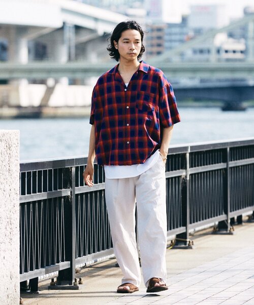 JOURNAL STANDARD relume（ジャーナルスタンダード　レリューム）の「レーヨン フリンジ 半袖チェックシャツ（シャツ/ブラウス・メンズ・グレー/サックスブルー/ブラック/レッド・LARGE/MEDIUM）」の6枚目の写真