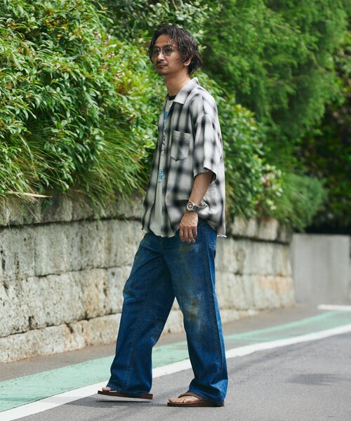 JOURNAL STANDARD relume（ジャーナルスタンダード　レリューム）の「レーヨン フリンジ 半袖チェックシャツ（シャツ/ブラウス・メンズ・グレー/サックスブルー/ブラック/レッド・LARGE/MEDIUM）」の7枚目の写真