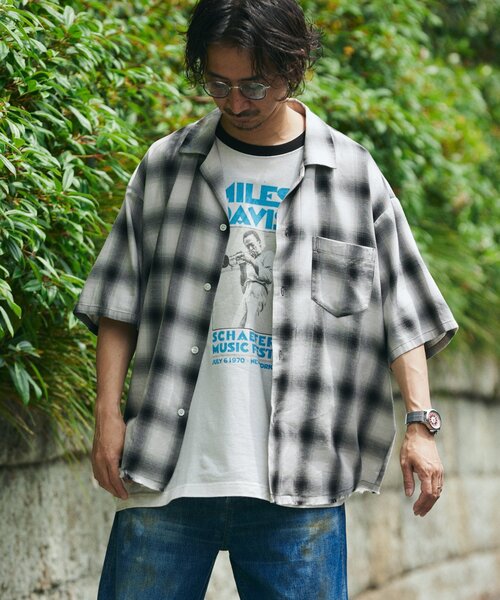 JOURNAL STANDARD relume（ジャーナルスタンダード　レリューム）の「レーヨン フリンジ 半袖チェックシャツ（シャツ/ブラウス・メンズ・グレー/サックスブルー/ブラック/レッド・LARGE/MEDIUM）」の9枚目の写真