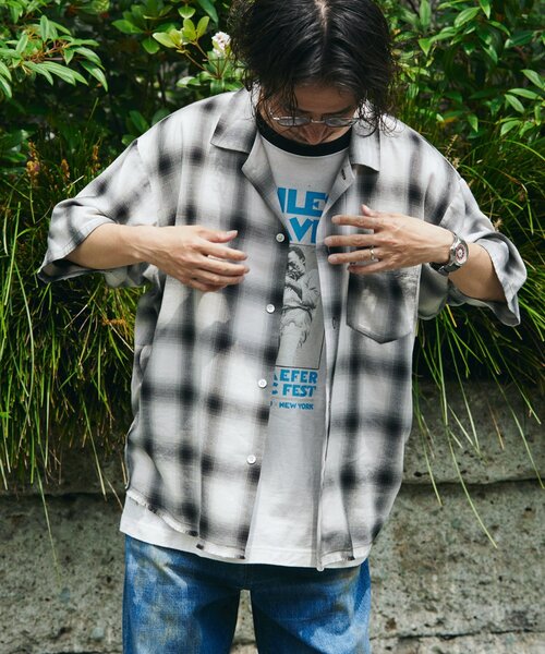 JOURNAL STANDARD relume（ジャーナルスタンダード　レリューム）の「レーヨン フリンジ 半袖チェックシャツ（シャツ/ブラウス・メンズ・グレー/サックスブルー/ブラック/レッド・LARGE/MEDIUM）」の10枚目の写真