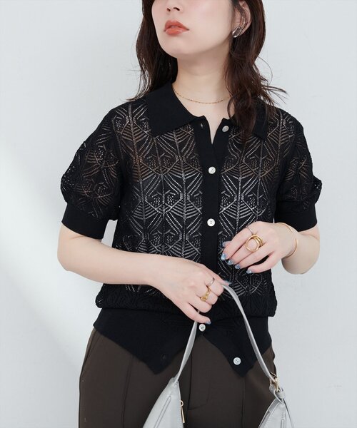natural couture(ナチュラルクチュール)の「【WEB限定】透かし編みコンパクトシャツニットカーデ(ニット/セーター・レディース・グリーン/ブルー/オフホワイト/ブラック・FREE)」の22枚目の写真
