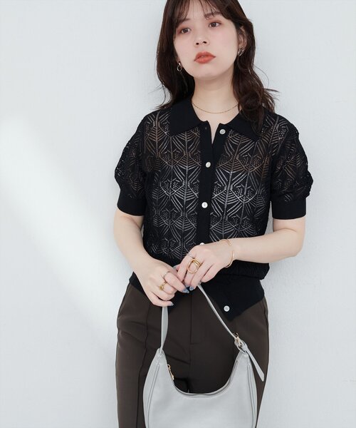 natural couture(ナチュラルクチュール)の「【WEB限定】透かし編みコンパクトシャツニットカーデ(ニット/セーター・レディース・グリーン/ブルー/オフホワイト/ブラック・FREE)」の21枚目の写真