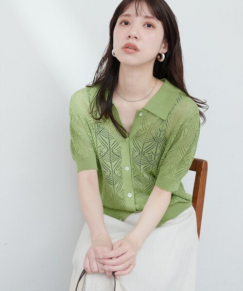 natural couture(ナチュラルクチュール)の「【WEB限定】透かし編みコンパクトシャツニットカーデ(ニット/セーター・レディース・グリーン/ブルー/オフホワイト/ブラック・FREE)」の17枚目の写真
