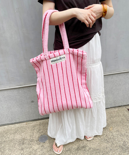 BONGUSTA（ボングスタ）の「BONGUSTA/ボングスタ STRIPEDトートバッグ（トートバッグ・レディース・ブラウン/グリーン/ピンク/ベージュ・FREE）」の4枚目の写真