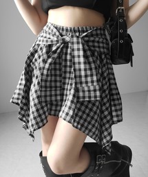 【 選べる2素材/インナーパンツ裏地付 】シャツレイヤードチェックミニスカート / shirt layered check mini skirt