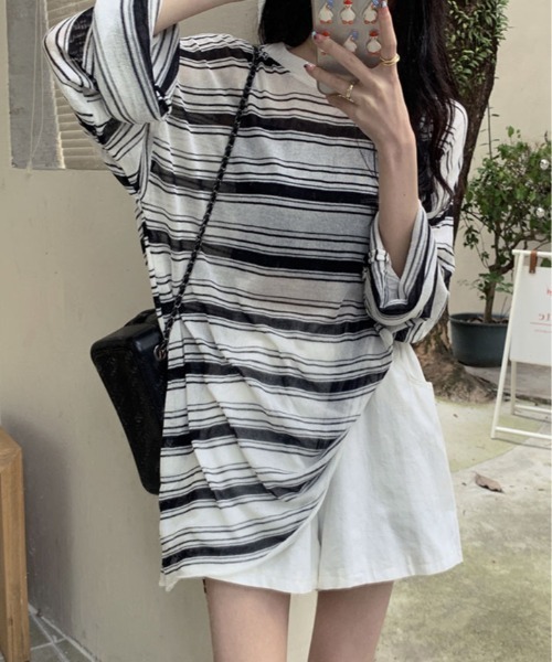 kirakiraShop（キラキラショップ）の「シアー メッシュ ボーダー トップス（Tシャツ/カットソー・レディース・ホワイト/ブラック・FREE）」の3枚目の写真