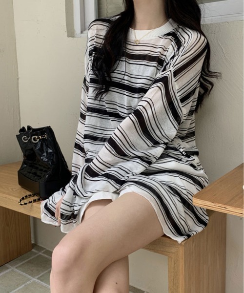 kirakiraShop（キラキラショップ）の「シアー メッシュ ボーダー トップス（Tシャツ/カットソー・レディース・ホワイト/ブラック・FREE）」の4枚目の写真