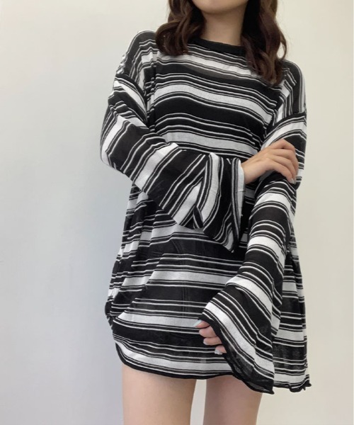 kirakiraShop（キラキラショップ）の「シアー メッシュ ボーダー トップス（Tシャツ/カットソー・レディース・ホワイト/ブラック・FREE）」の8枚目の写真