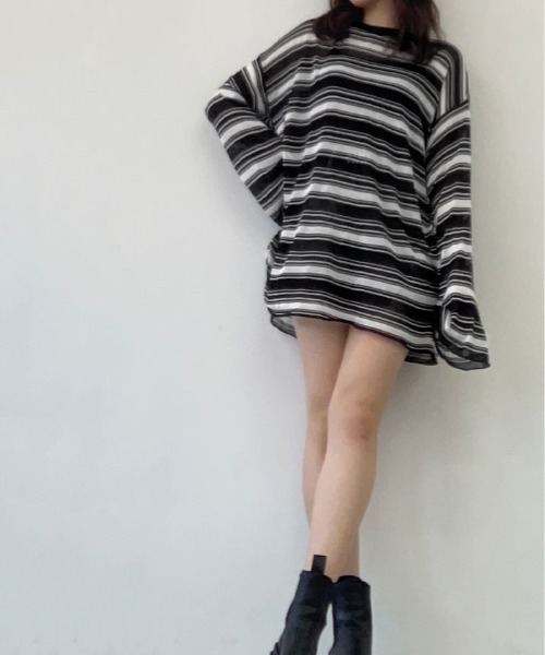 kirakiraShop（キラキラショップ）の「シアー メッシュ ボーダー トップス（Tシャツ/カットソー・レディース・ホワイト/ブラック・FREE）」の9枚目の写真