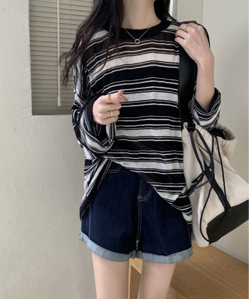kirakiraShop（キラキラショップ）の「シアー メッシュ ボーダー トップス（Tシャツ/カットソー・レディース・ホワイト/ブラック・FREE）」の16枚目の写真