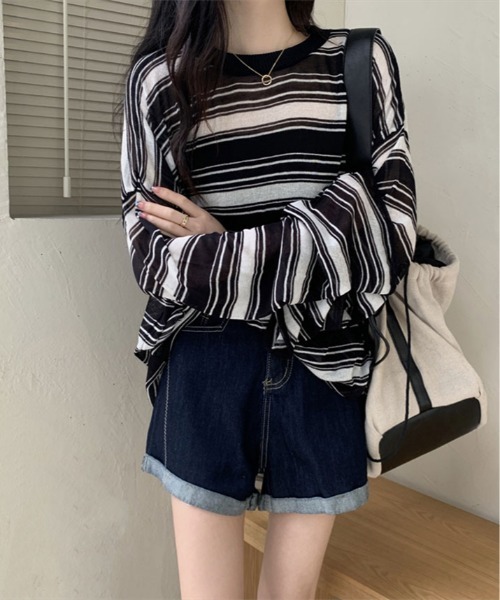 kirakiraShop（キラキラショップ）の「シアー メッシュ ボーダー トップス（Tシャツ/カットソー・レディース・ホワイト/ブラック・FREE）」の17枚目の写真