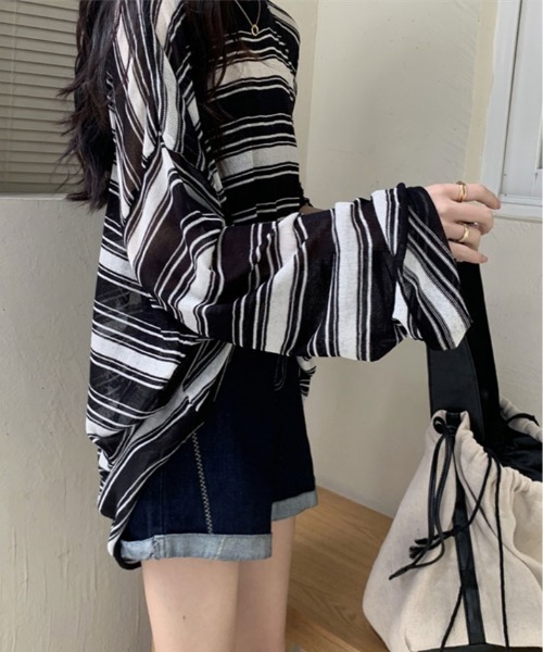 kirakiraShop（キラキラショップ）の「シアー メッシュ ボーダー トップス（Tシャツ/カットソー・レディース・ホワイト/ブラック・FREE）」の18枚目の写真
