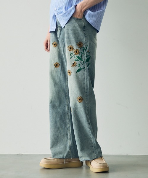 セール】Flower embroidery design vintage wash wide denim pants