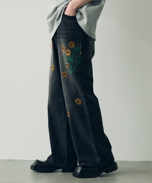 セール】Flower embroidery design vintage wash wide denim pants