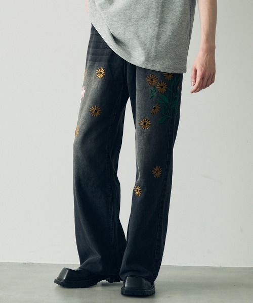 セール】Flower embroidery design vintage wash wide denim pants