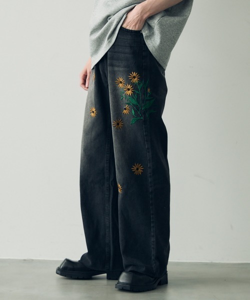 セール】Flower embroidery design vintage wash wide denim pants