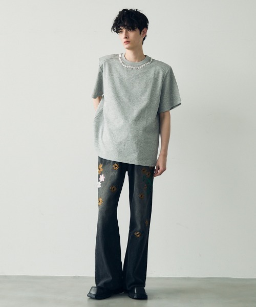 セール】Flower embroidery design vintage wash wide denim pants