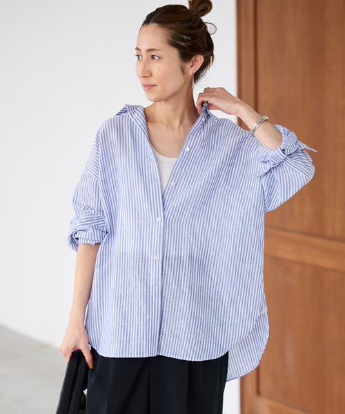 FRAMeWORK（フレームワーク）の「コットンリネンオーバーシャツ（シャツ/ブラウス・レディース・ブルー/サックスブルー/グリーン・FREE）」の2枚目の写真