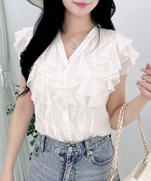 INGNI(イング)の「フリルシアーノースリブラウス/A(シャツ/ブラウス・レディース・ピンク/サックスブルー/ブラック/オフホワイト・M)」の2枚目の写真