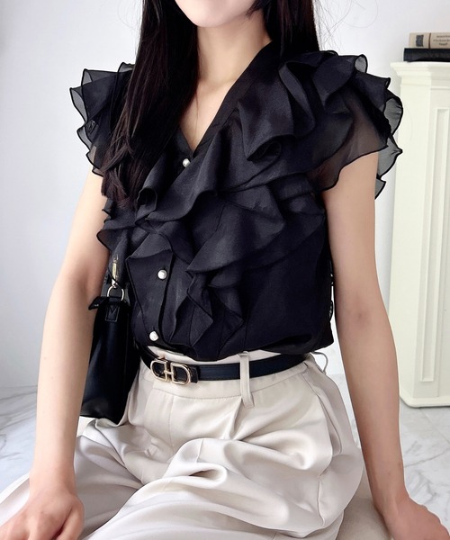 INGNI(イング)の「フリルシアーノースリブラウス/A(シャツ/ブラウス・レディース・ピンク/サックスブルー/ブラック/オフホワイト・M)」の3枚目の写真