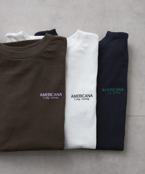 AMERICANA（アメリカーナ）の「Americana/アメリカーナ 別注 丸胴 ラフィー天竺 ロゴプリントTEE / リラックスフィット バックプリント半袖Tシャツ（Tシャツ/カットソー・レディース・ブラウン/ネイビー/ホワイト・FREE）」の7枚目の写真