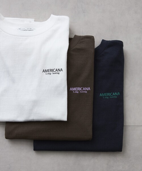 AMERICANA（アメリカーナ）の「Americana/アメリカーナ 別注 丸胴 ラフィー天竺 ロゴプリントTEE / リラックスフィット バックプリント半袖Tシャツ（Tシャツ/カットソー・レディース・ブラウン/ネイビー/ホワイト・FREE）」の6枚目の写真