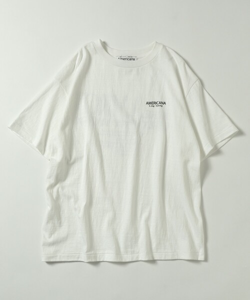 AMERICANA（アメリカーナ）の「Americana/アメリカーナ 別注 丸胴 ラフィー天竺 ロゴプリントTEE / リラックスフィット バックプリント半袖Tシャツ（Tシャツ/カットソー・レディース・ブラウン/ネイビー/ホワイト・FREE）」の5枚目の写真