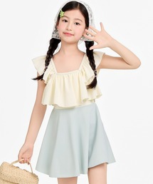 TeddyShop | キッズ水着 淡色バイカラーフリルワンピ風オールインワン水着(水着)