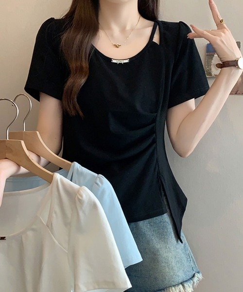 2ly2（トゥーリートゥー）の「ドレープ＆カットデザイントップス（Tシャツ/カットソー・レディース・ブルー/ホワイト/ブラック・FREE）」の12枚目の写真