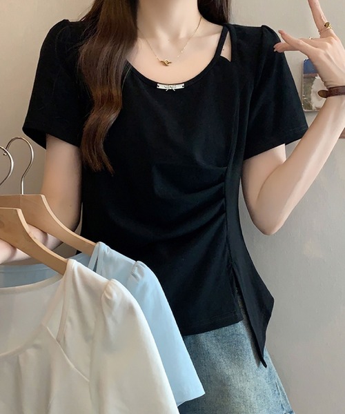 2ly2（トゥーリートゥー）の「ドレープ＆カットデザイントップス（Tシャツ/カットソー・レディース・ブルー/ホワイト/ブラック・FREE）」の13枚目の写真