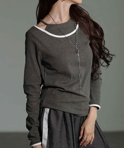 Sawa a la mode(サワアラモード)の「アメスリタンクレイヤード風リブニットトップス(Tシャツ/カットソー・レディース・アイボリー/チャコールグレー・FREE)」の1枚目の写真