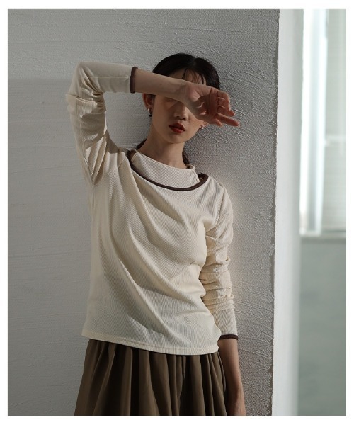 Sawa a la mode(サワアラモード)の「アメスリタンクレイヤード風リブニットトップス(Tシャツ/カットソー・レディース・アイボリー/チャコールグレー・FREE)」の15枚目の写真