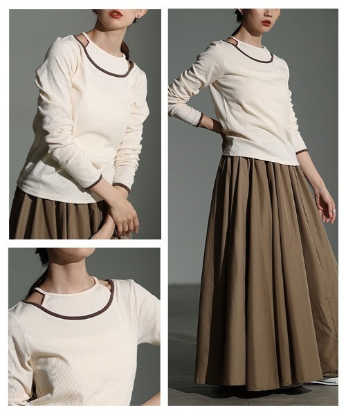 Sawa a la mode(サワアラモード)の「アメスリタンクレイヤード風リブニットトップス(Tシャツ/カットソー・レディース・アイボリー/チャコールグレー・FREE)」の20枚目の写真