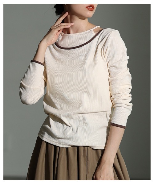 Sawa a la mode(サワアラモード)の「アメスリタンクレイヤード風リブニットトップス(Tシャツ/カットソー・レディース・アイボリー/チャコールグレー・FREE)」の21枚目の写真