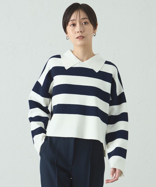 CAST:（キャストコロン）の「【1枚で着映える】ビックボーダークロップドニット（ニット/セーター・レディース・グレー系その他2/ネイビー・M）」の2枚目の写真