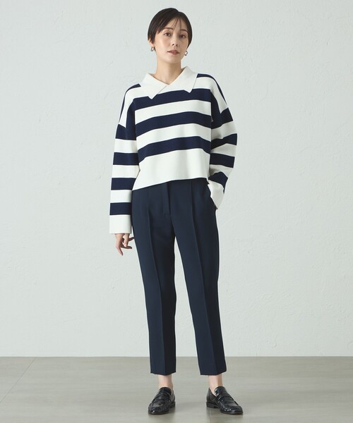 CAST:（キャストコロン）の「【1枚で着映える】ビックボーダークロップドニット（ニット/セーター・レディース・グレー系その他2/ネイビー・M）」の4枚目の写真