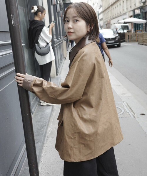 Firsthand（ファーストハンド）の「Firsthand/ファーストハンド オーバーサイズ レザレットブルゾン / 異素材切り替え / 2WAY スタンドカラー ブルゾン（ブルゾン・レディース・ブラウン/キャメル・ﾌﾘ-）」の11枚目の写真